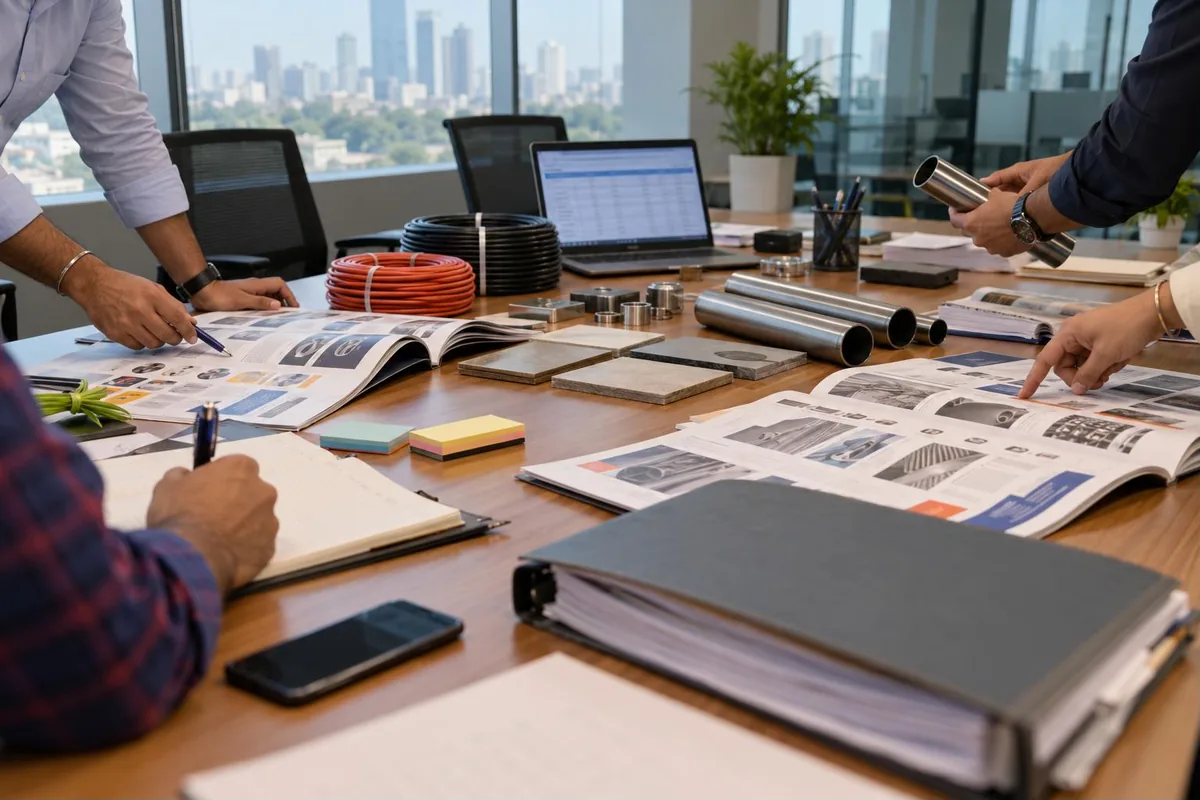 Group procurement - central purchasing team comparing supplier catalogues and material samples in an office - key points